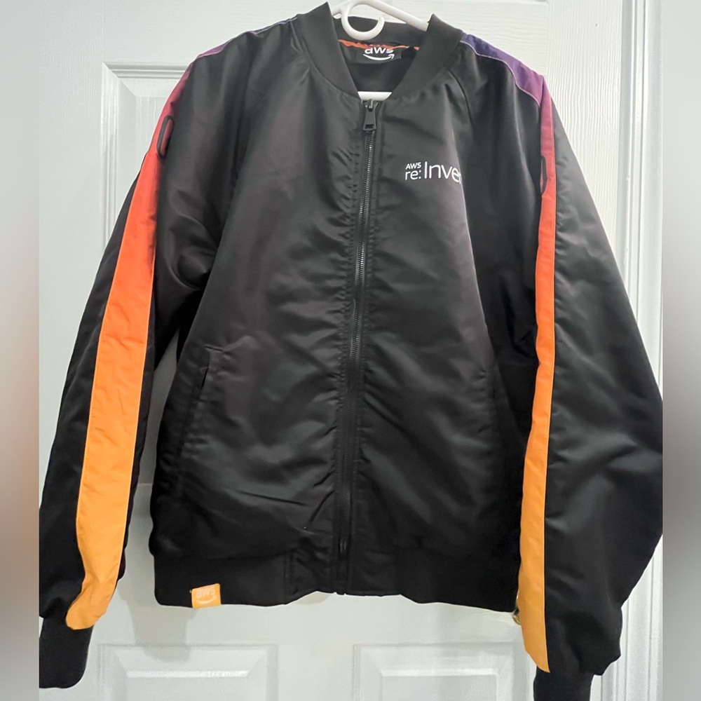 NWOT AWS re:Invent Black Orange Men Bomber Rain Nylon Jacket Size S